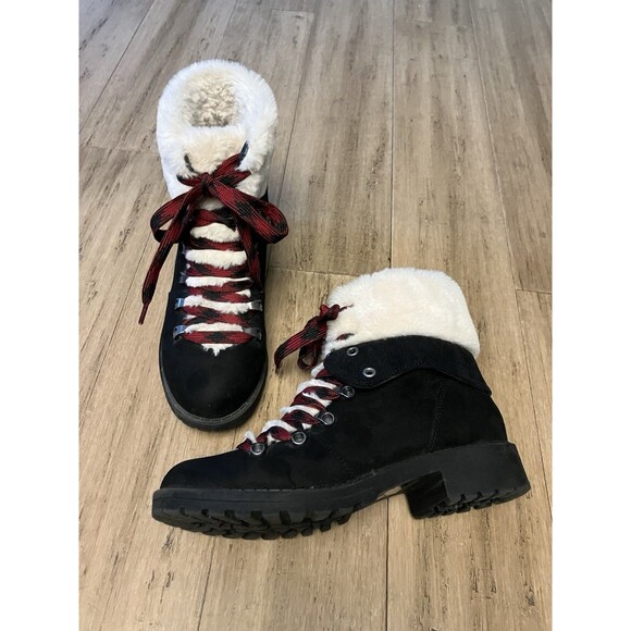 Jelly Pop Black Women Ankle Boots red/black Laces , Soft Faux Fur Cuff Size 8.5 - Picture 2 of 8